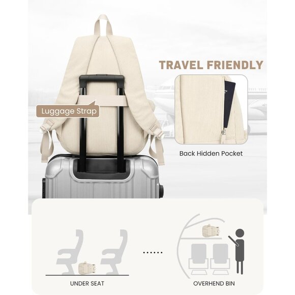 Cute Beige Corduroy Backpack for Girls - 15.6 Inch, Lightweight & Functional - Picture 5 of 6